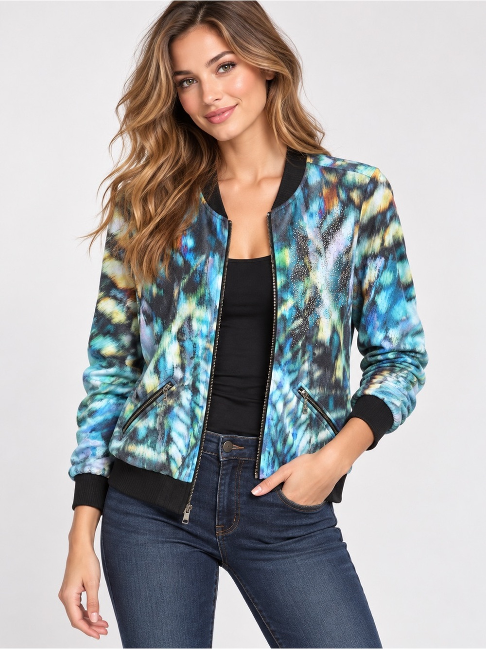 B.L.E.U. Rhinestone Accent Abstract Tie-Dye Bomber Jacket Small